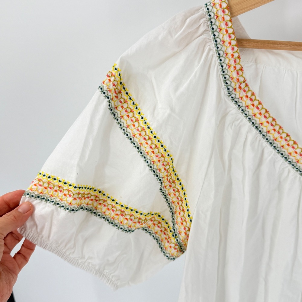 Loft Peasant Blouse White Large Embroidered V-Neck Puff Sleeve Cotton Blend - Picture 7 of 8